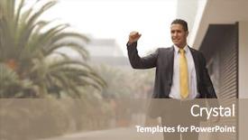  Presentation with celebrate office success - Beautiful slide deck featuring executive branch - happy businessman celebrating his success backdrop and a coral colored foreground