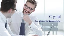  Presentation with employees - Colorful presentation theme enhanced with executive brief - close up employees working backdrop and a sky blue colored foreground