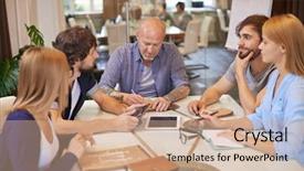  Presentation with business group meeting - Beautiful slides featuring executive brief - group of creative business people backdrop and a  colored foreground