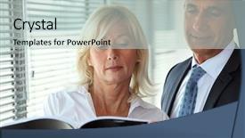  Presentation with senior couple - Slide deck having executive brief - senior business couple reading background and a  colored foreground