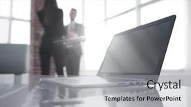  Presentation with computer - Slides having executive business abstract - workspace table works background and a light gray colored foreground