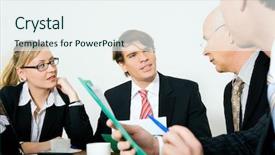  Presentation with annual general meeting - Amazing PPT theme having executive business proposal - four businesspeople in a meeting backdrop and a sky blue colored foreground