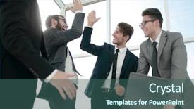  Presentation with coworkers - Presentation design having executive business proposal - happy coworkers giving each other background and a ocean colored foreground