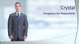  Presentation with banner blue - Presentation design enhanced with executive businessman over blue banner background background and a sky blue colored foreground