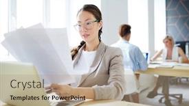  Presentation with important - Presentation theme with executive businesswoman reading important papers by her workplace background and a coral colored foreground