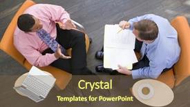  Presentation with festival coffee - Colorful slides enhanced with executive chairs - two businessmen sitting indoors backdrop and a tawny brown colored foreground