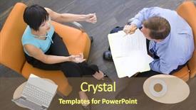  Presentation with coffee - Presentation featuring executive chairs - two businesspeople sitting indoors background and a  colored foreground