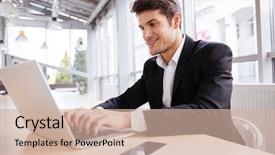  Presentation with laptop blank screen - Presentation theme consisting of executive free - cheerful young businessman using laptop background and a soft green colored foreground