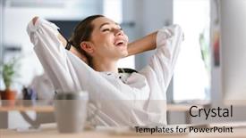  Presentation with stretching - PPT layouts consisting of executive free - happy young woman dressed background and a coral colored foreground