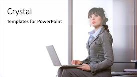  Presentation with woman business - Slide set having executive lounge - business woman laptop in modern background and a  colored foreground