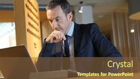  Presentation with lounge - Cool new slide deck with executive-man-working-in-hotel backdrop and a tawny brown colored foreground