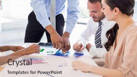  Presentation with business report - Presentation theme enhanced with executive planning - business people discussing a report background and a coral colored foreground