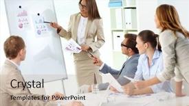  Presentation with cost saving ideas - Theme enhanced with executive planning - confident businesswoman explaining her ideas background and a mint green colored foreground