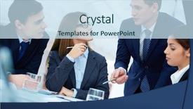  Presentation with business group meeting - Cool new presentation theme with executive planning - group of business partners listening backdrop and a sky blue colored foreground