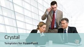  Presentation with business group meeting - Theme featuring executive planning - group of business people analyzing background and a light blue colored foreground