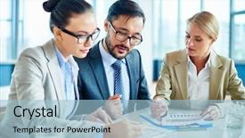  Presentation with test exam papers - Audience pleasing presentation theme consisting of executive planning - group of young businesspeople discussing backdrop and a light blue colored foreground