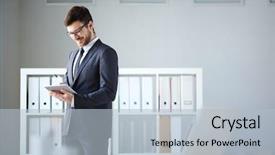  Presentation with handover networking - Presentation enhanced with executive planning - handsome businessman networking in office background and a light blue colored foreground