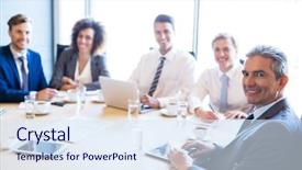 Presentation with conference - Slide deck having executive planning - portrait of businesspeople in conference background and a sky blue colored foreground