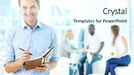  Presentation with man looking up happy - Beautiful slides featuring executive planning - portrait of happy man backdrop and a cool aqua colored foreground