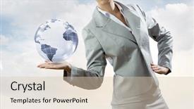  Presentation with planet mars and earth - PPT layouts with executive protection - young businesswoman holding earth planet background and a lemonade colored foreground