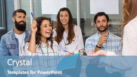  Presentation with executive - PPT theme with executive raising hand during presentation background and a  colored foreground