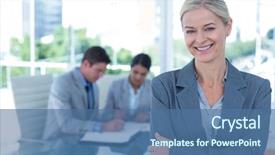  Presentation with office - PPT theme enhanced with executive team - businesswoman with arms crossed background and a ocean colored foreground