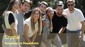  Presentation with friends - Slide set featuring executive team - close up group of friends background and a  colored foreground