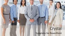  Presentation with workplace - Beautiful slide deck featuring young happy woman on sofa using tablet computer at luxury home backdrop and a gray colored foreground.