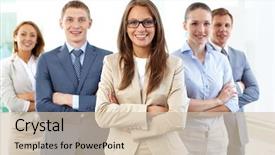  Presentation with female leader - Slides having executive team - portrait of five businesspeople looking background and a soft green colored foreground