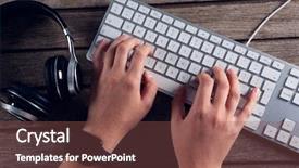  Presentation with executive - Slide deck with executive typing on keyboard background and a tawny brown colored foreground