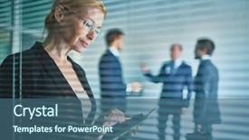  Presentation with working - Presentation theme featuring executive woman - businesswoman with touchpad working background and a ocean colored foreground