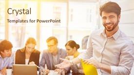  Presentation with team - Slide deck enhanced with executive woman - man with business team background and a  colored foreground