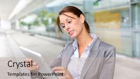  Presentation with executive - Cool new slide set with executive woman standing outside with digital tablet backdrop and a soft green colored foreground