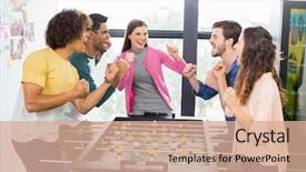  Presentation with table ronde - Slides with executives cheering while playing table background and a coral colored foreground
