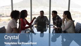  Presentation with multi ethnic group - Slide set featuring executives sitting at table background and a teal colored foreground