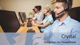 Presentation with call center - Beautiful presentation design featuring executives working in call center backdrop and a light blue colored foreground