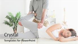  Presentation with chiropractor - Theme having physiotherapy exercise - female customer's leg is stretched background and a sky blue colored foreground