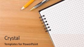  Presentation with notebook - Cool new slides with exercise book - notebook and pens on wood backdrop and a coral colored foreground