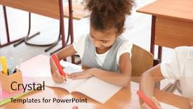  Presentation with elementary - Audience pleasing theme consisting of exercise book - portrait of beautiful african elementary backdrop and a coral colored foreground