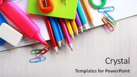  Presentation with school desk - Slides featuring exercise book - school supplies on desk close-up background and a light gray colored foreground