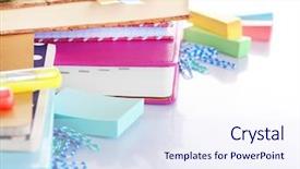  Presentation with set of sauces in white - Slides enhanced with exercise book - set of new stationery isolated background and a sky blue colored foreground