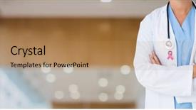  Presentation with business card - Presentation theme consisting of exercise cancer - business woman holding a card background and a coral colored foreground