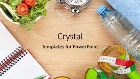  Presentation with healthy food medical bottle - Theme featuring exercise equipment - dumbells tape measure and healthy background and a lemonade colored foreground