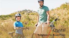  Presentation with biking in mountains - Slide deck having exercise equipment - father and son biking background and a  colored foreground