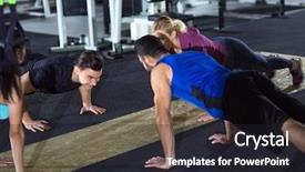  Presentation with young healthy people - Presentation theme consisting of exercise equipment - group of young healthy people background and a dark gray colored foreground