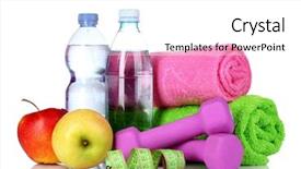  Presentation with water disinfectant - Cool new presentation theme with exercise equipment - towel dumbbells apples and water backdrop and a white colored foreground