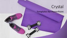  Presentation with exercise mat - Colorful slide deck enhanced with exercise equipment - yoga mat sneakers and dumbbells backdrop and a light blue colored foreground