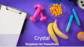  Presentation with notepad - Presentation theme enhanced with exercise equipment against purple background background and a  colored foreground