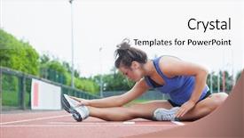  Presentation with stretching - PPT theme enhanced with exercise fitness - woman stretching on a track background and a white colored foreground