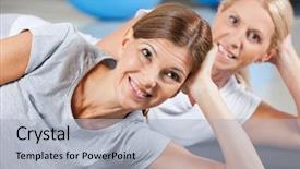  Presentation with women health - Beautiful presentation theme featuring exercise health - happy women relaxing on gym backdrop and a  colored foreground